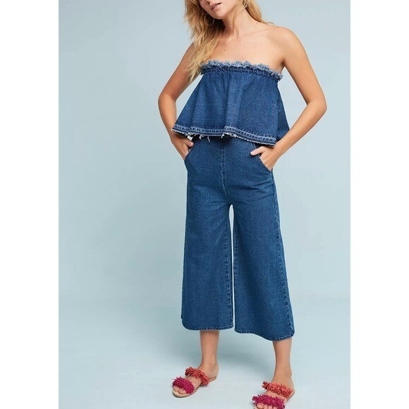 J.O.A Blue Denim Strapless Cropped Baggy Barrel Leg Jumpsuit Womens Medium